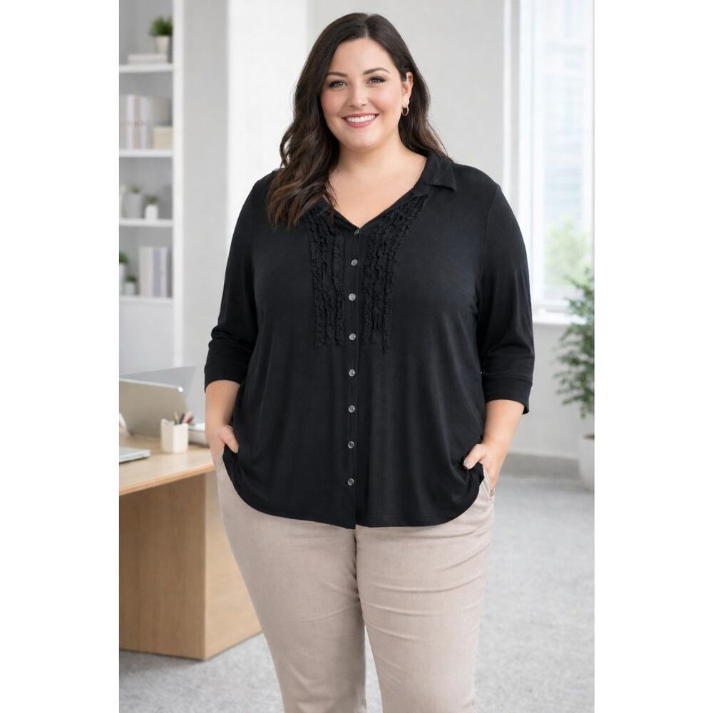 NWT Sergie Couture Semi-Sheer Black Ruffled Button Front Top 2x Soft Stretch